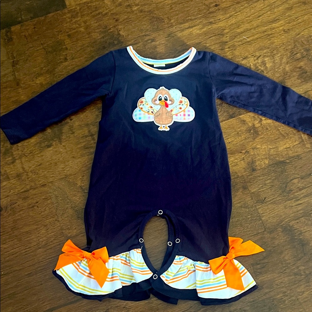 Navy Baby Romper with Turkey Design and Orange Accents